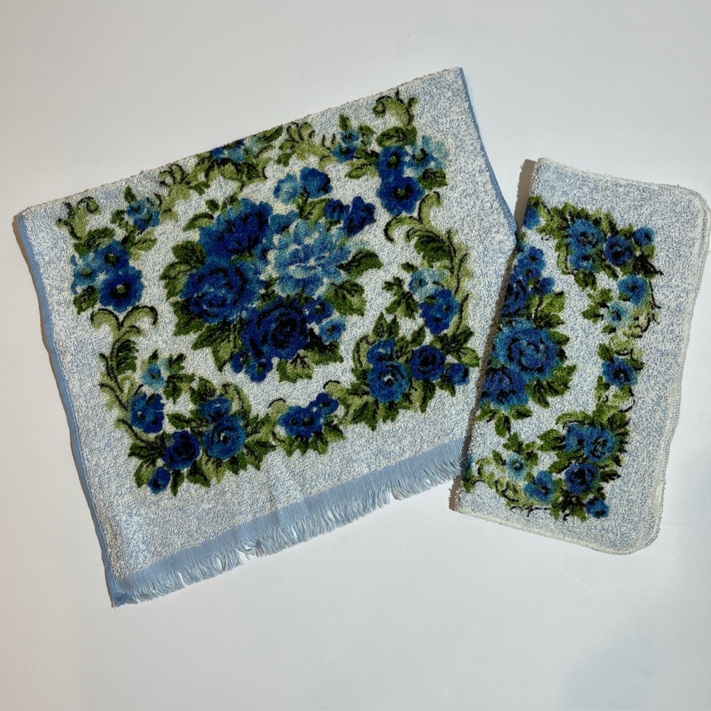 Vintage Penneys Fashion Manor Hand Towel and Washcloth Floral Blue MCM